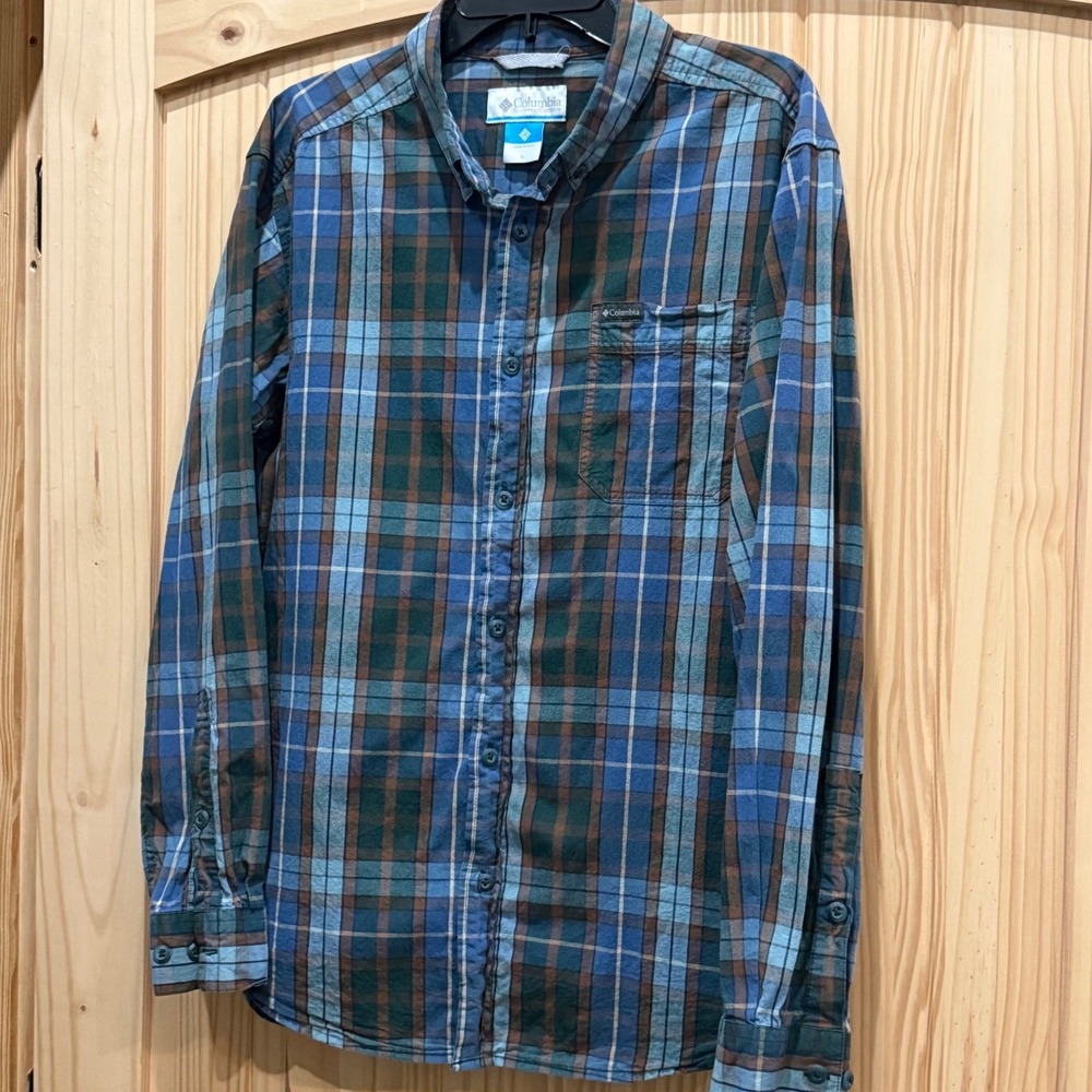 Columbia Mens Plaid Button Down Shirt Blue and Brown AM7968 Large